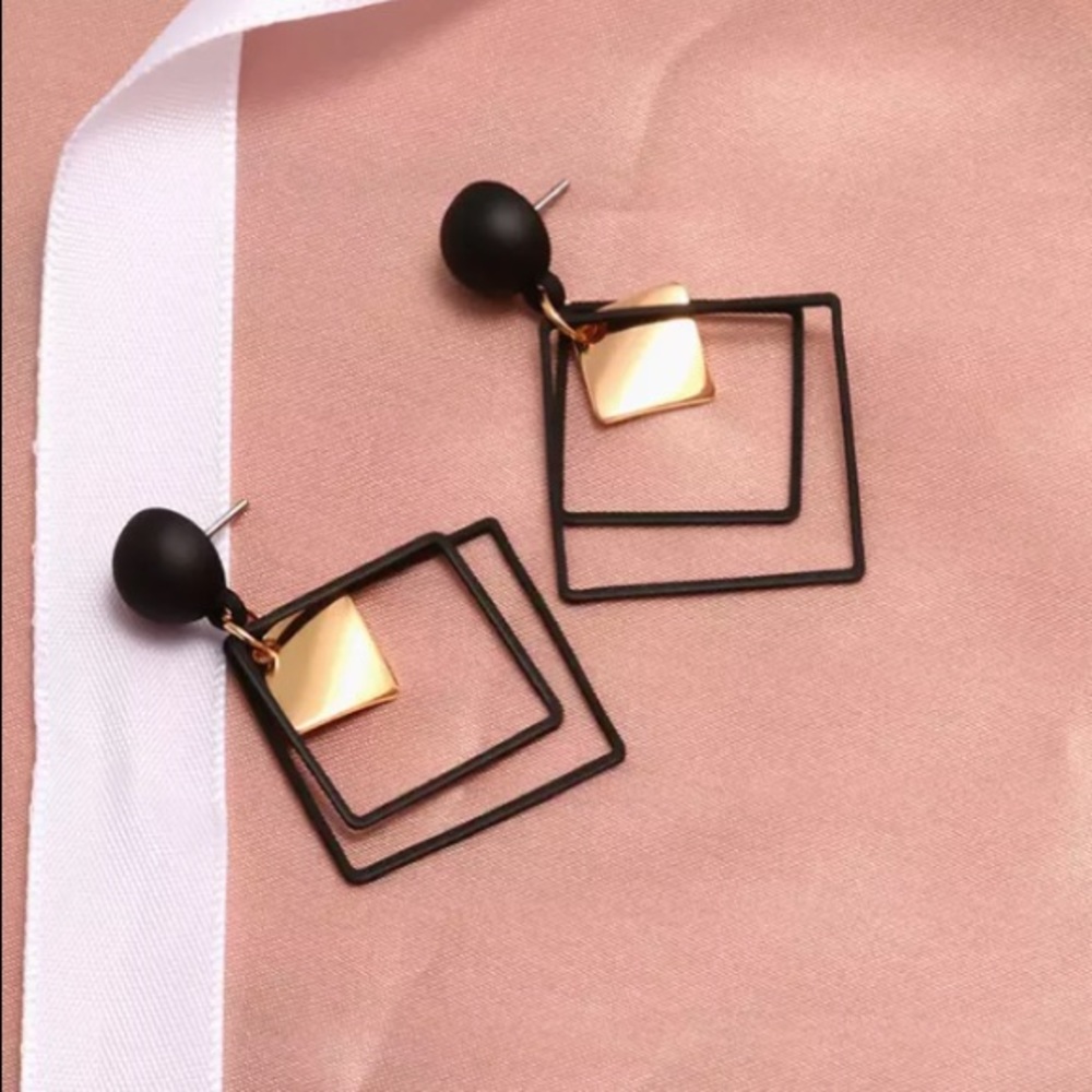 Black & Gold Tone Dangle Multi Square Earrings - Picture 8 of 8